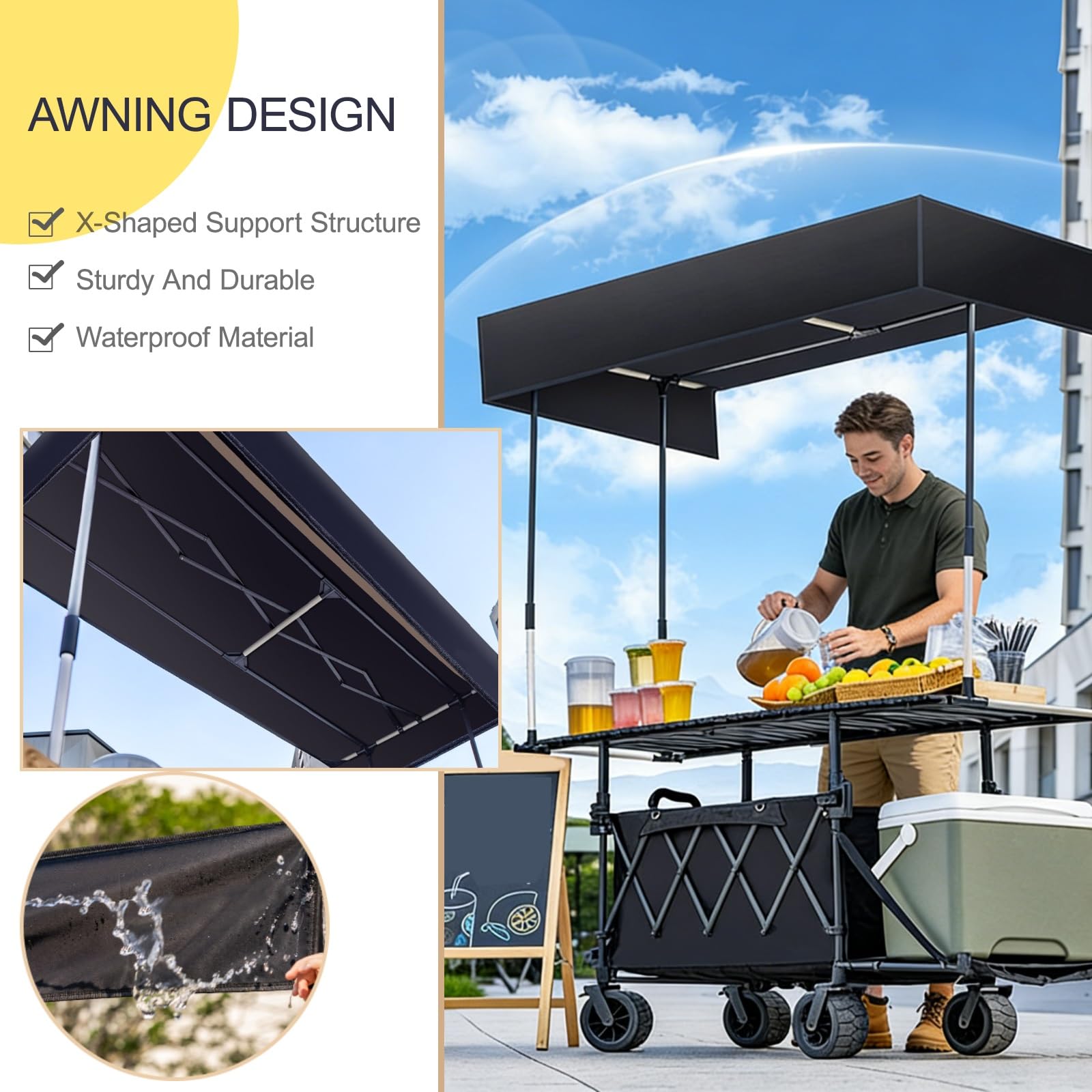 Carrello pieghevole portatile con ruote, ideale per esporre alimenti per eventi all'aperto, mercati agricoli, venditori ambulanti, barbecue, festival e feste, leggero, facile da trasportare