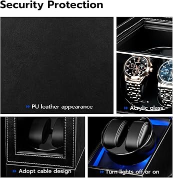 Mcbazel LED Double Automatic Watch Winder with Blue Light, Quiet Motor Display Storage Rotation Wrist PU Leather Watch Box with 2 Slots-Black