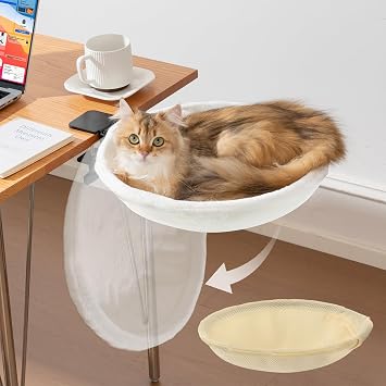 Uross Cat Desk Bed, Space Saving Desktop Folding Cat Hammock Work from Home Office Accessories for Indoor, 2 Interchangeable Covers Cozy Plush & Breathable Mesh for All Seasons-Beige