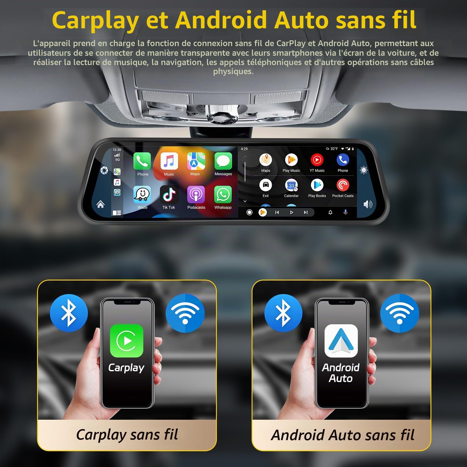 Podofo Caméra de Tableau de Bord Miroir 12" avec Carplay sans Fil, Android Auto avec caméra de recul HD, écran Tactile IPS Double rétroviseur 1080P Dashcam Dash Cam Voiture, 2 écrans divisés