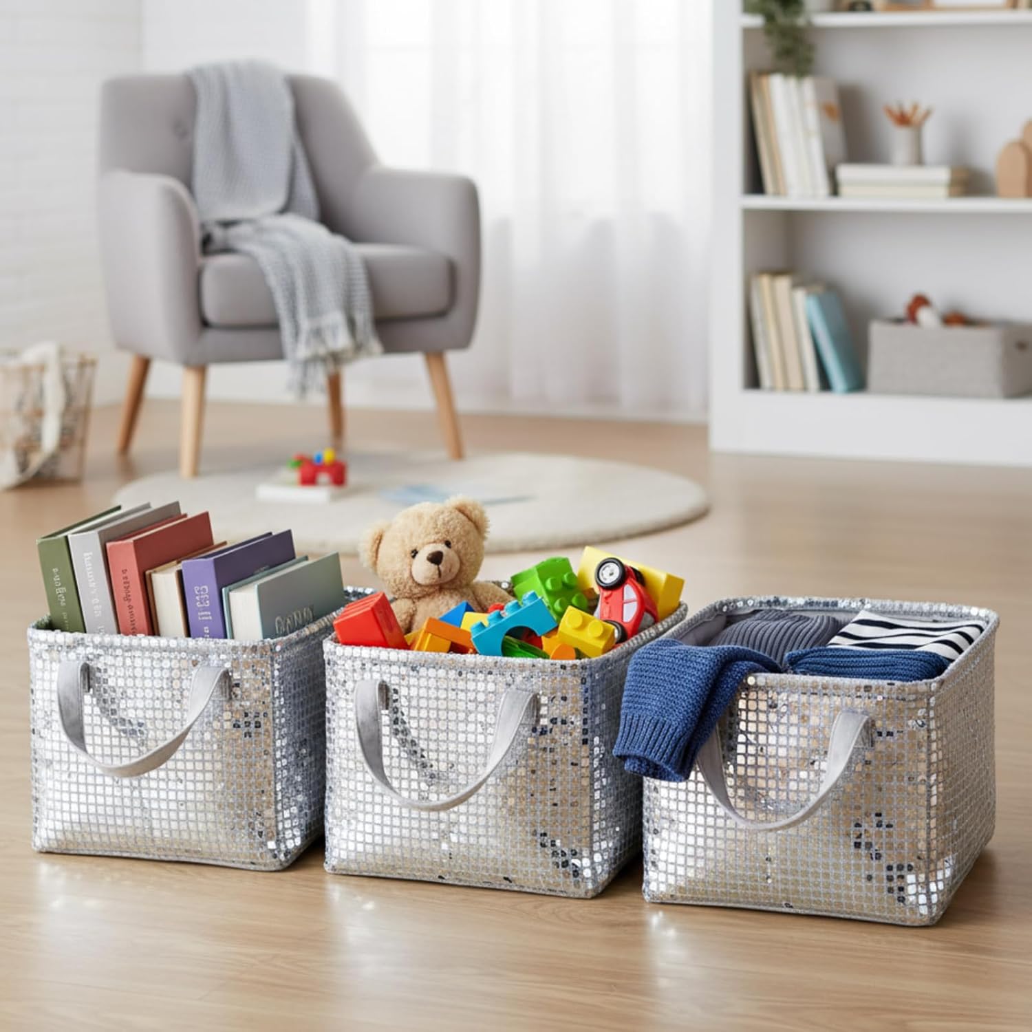 3 Pcs Disco Ball Storage Baskets 14x10 Inch Glitter Silver Foldable Fabric Storage Bin with Handle Decorative Closet Bins Organizer for Home Decor Office Laundry Countertop Tabletop Car
