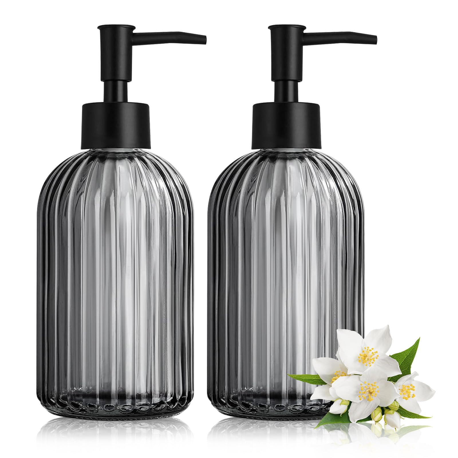 2 Dispensadores de Jabón de Vidrio, 425ml Negro, Dosificador para Cocina y Baño, Soap Dispenser Manual