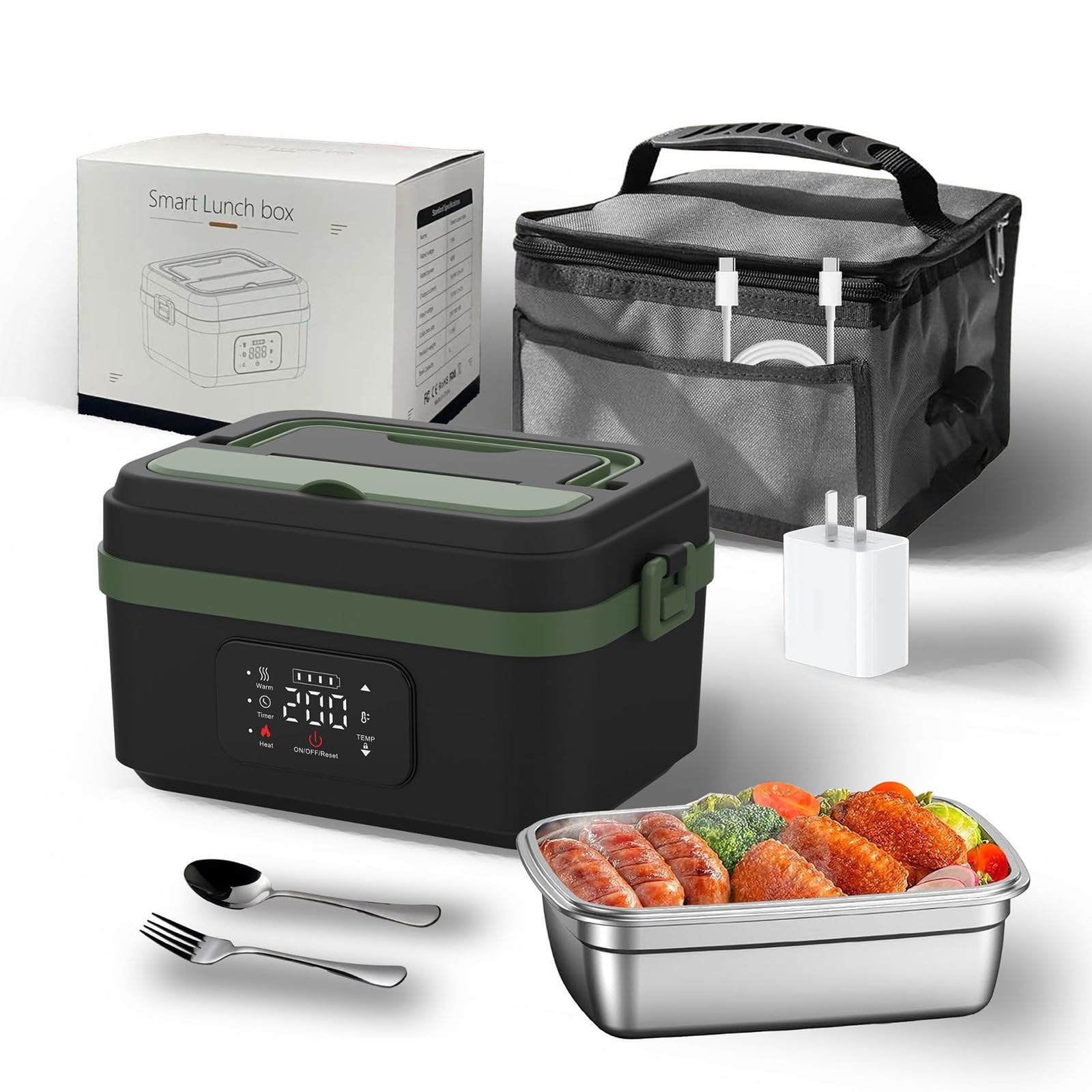 Contenitore per il pranzo elettrico senza fili, 1 l, scaldavivande portatile a riscaldamento rapido, con borsa isolata, stoviglie incluse, riscaldamento a tempo, temperatura regolabile per lavoro o