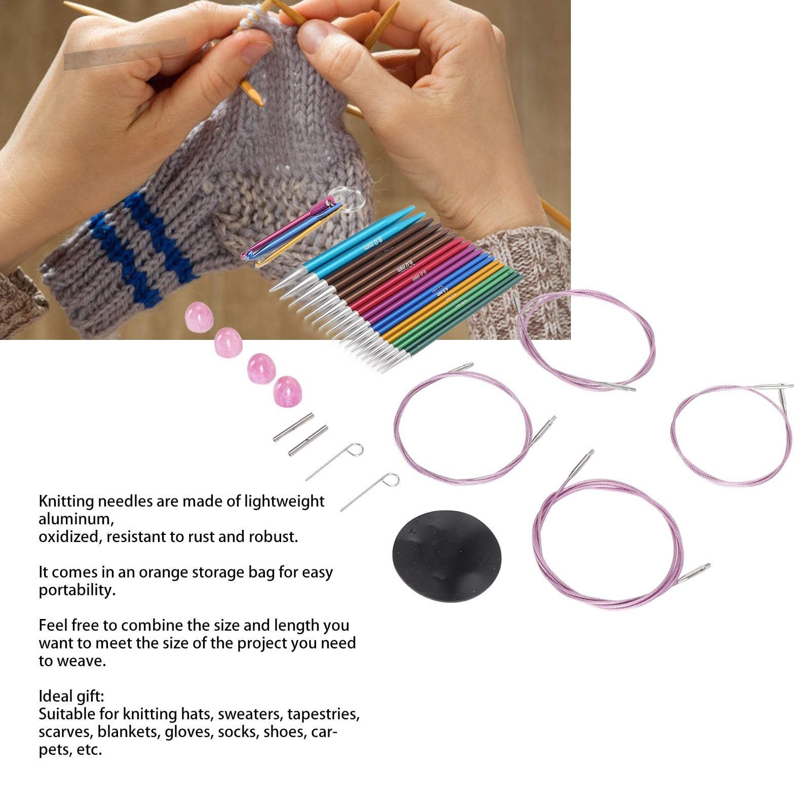 Fafeicy Set di Aghi a Maglia Circolare Intercambiabile, Aghi da Maglieria in Alluminio da 3,5-8 Mm con Sacchetto, Forniture Portatili per i Principianti dei Principianti