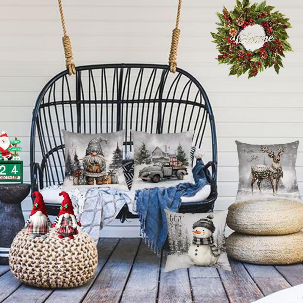 YeeJu Set of 4 Merry Christmas Decorative Throw Pillow Covers Winter Holiday Xmas Velvet Pillow Cases White Grey Snowman Gnome Elk Cushion Covers Outdoor Sofa Home Decorations 26x26 Inch