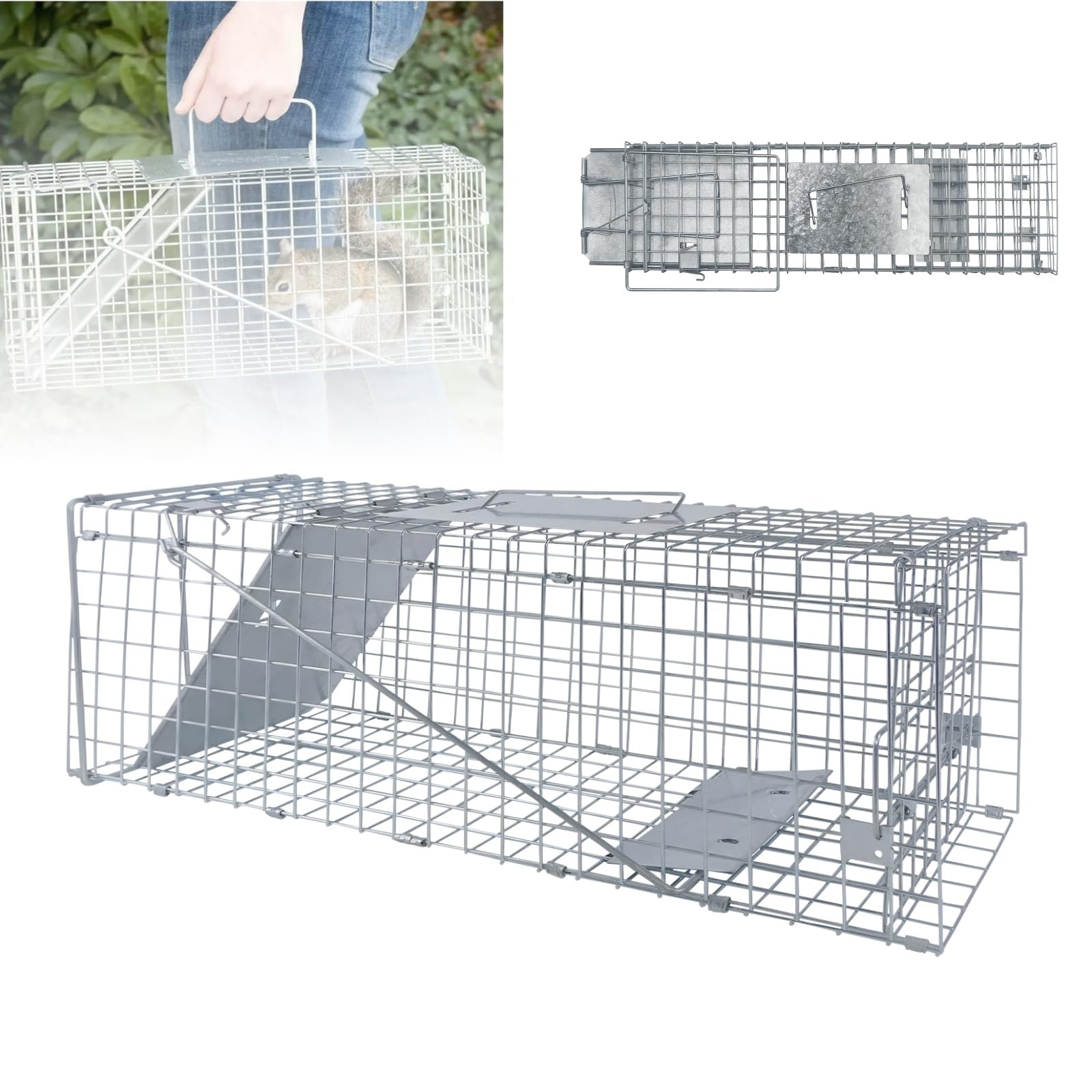 Live Animal Cage Trap Humane - Folding Design with Handle for Rabbits, Stray Cats, Squirrels, Mouse- Safe Rodent Control for Indoor/Outdoor Use, 62x19x22cm