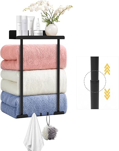 Asidrama Toallero para toallas enrolladas, estante de toalla de baño de metal de altura retráctil montado en la pared con ganchos confiables para