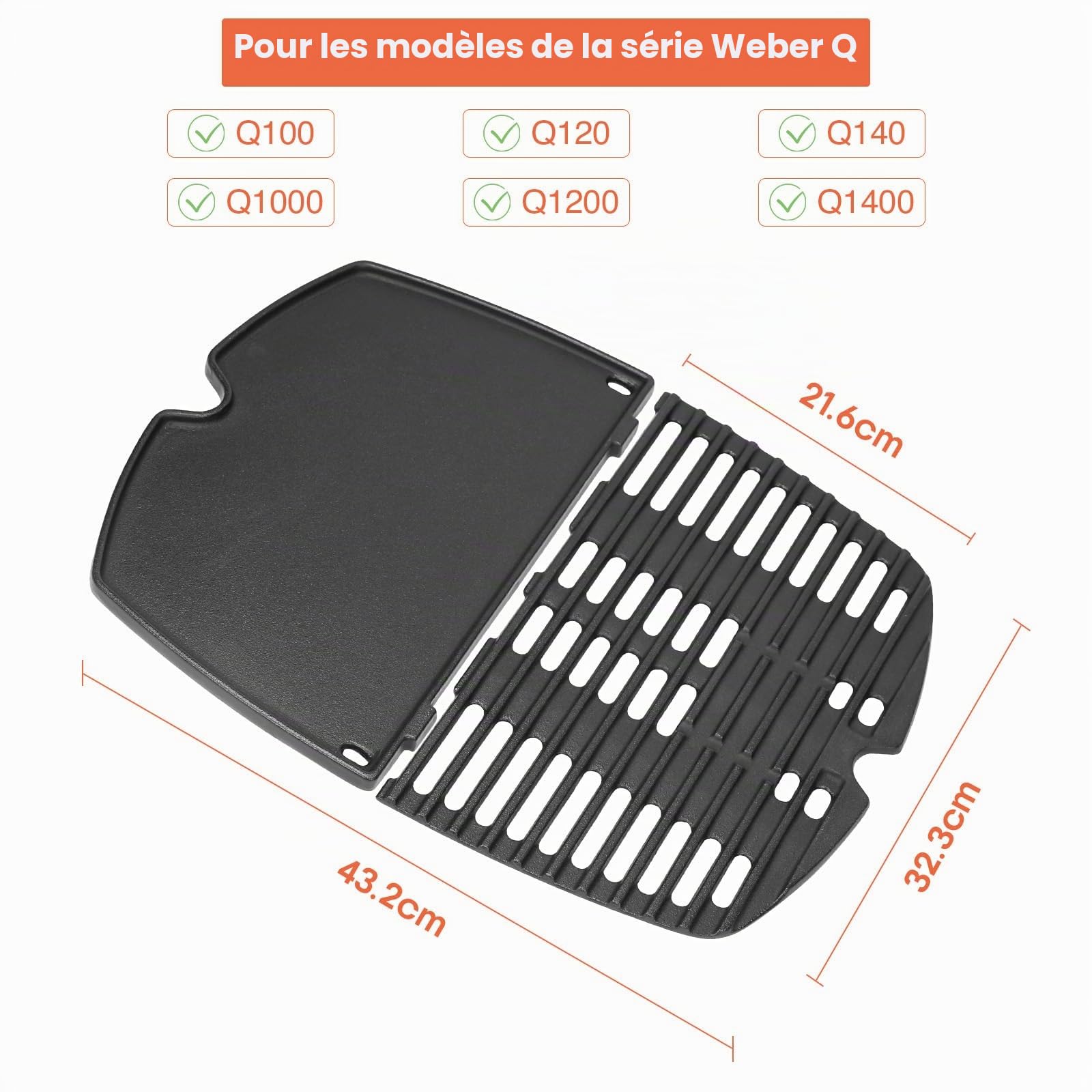 Denmay 7644 43,2x32cm Plaque de gril en fonte Pièces de rechange pour Weber Q100, Q1000, Q120, Q1200, Q140, Q1400 Barbecue à gaz, Plaque de gril en fonte Poêle à gril pour Weber Q100, Q1000 Série, 2