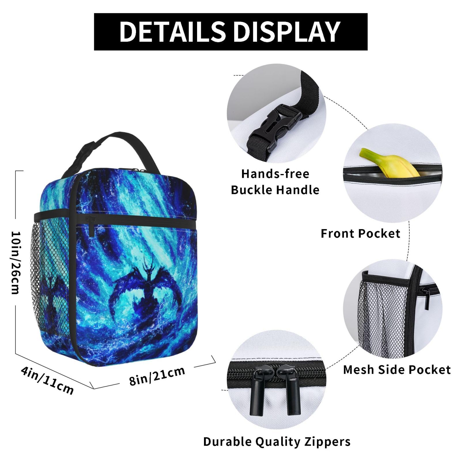 Bolsa de almuerzo con aislamiento de dragón azul fresco, portátil, reutilizable, con cremallera, para hombres y mujeres, trabajo, picnic, viajes, camping