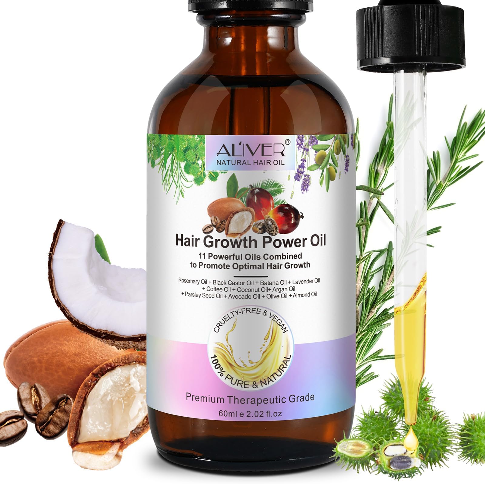 Hair Growth Oil With Rosemary, Batana, Castor, Argan and Coconut - Hair Serum for Preventing Hair Loss and Moisturizing Dry Split Ends - 60ml
