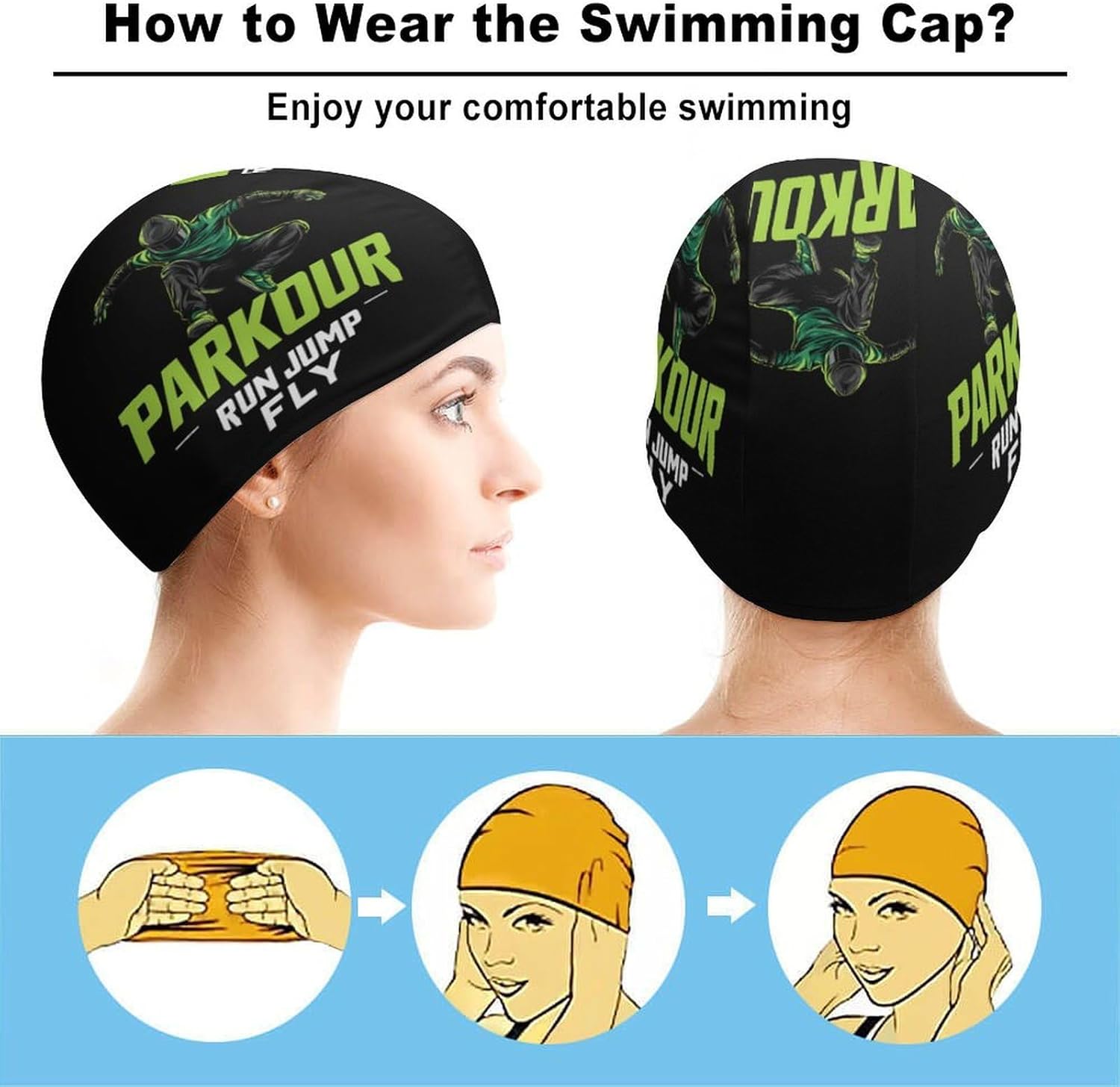 Parkour Run Jump Fly Womens Swim Cap for Men Adult Swimming Hat Curly Short Medium Long Hair