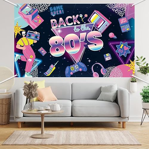 Miniatura 8 de Pancarta de fondo de fiesta temática de los años 80 de 6 x 3.6 pies, diseño retro de videojuegos, decoración de fiesta de cumpleaños de los años 80,