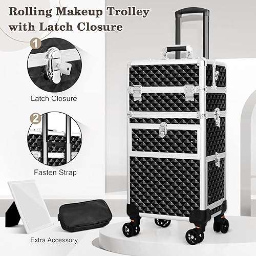 Miniatura 9 de Estuche profesional de tren de maquillaje rodante, carrito cosmético multifuncional con ruedas giratorias de 360, maletero de carrito de viaje de