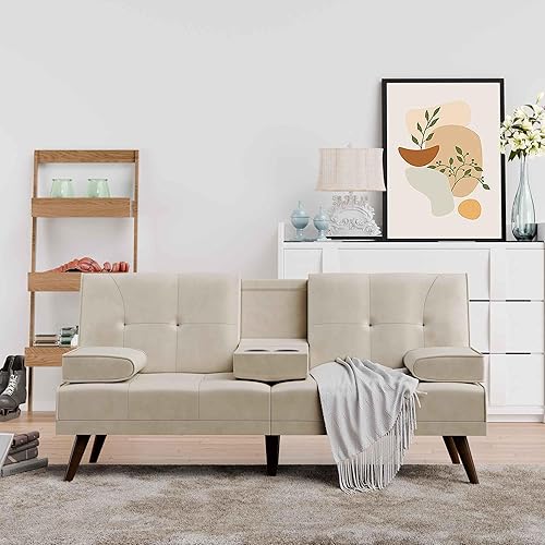 Miniatura 8 de Shintenchi Sofá biplaza pequeño de 60 pulgadas, bonito sofá cama convertible 3 en 1, moderno futón reclinable con 2 portavasos, sofá plegable