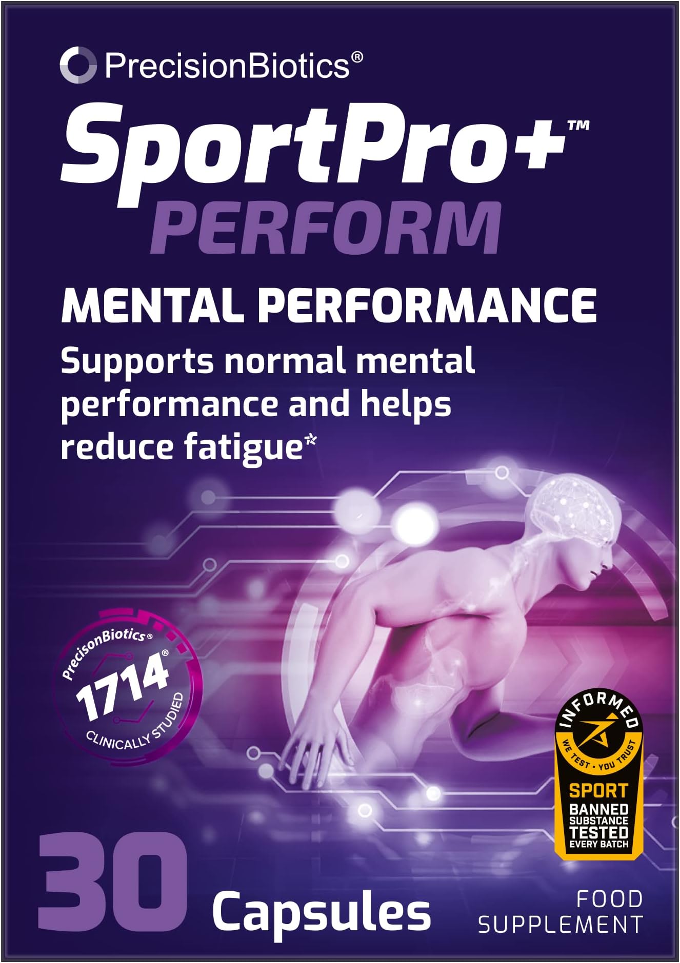 SportPro+ Perform by PrecisionBiotics - Live Bifibacterium Longum Bacterial Culture Plus Vitamin B6, Vitamin B12 - Supports Mental Performance - Helps Reduce Fatigue - 30 Probiotic Capsules