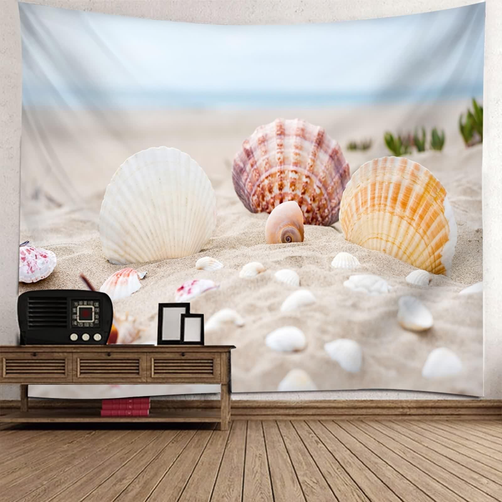 Arazzi da Parete Moderni, Arazzo da Parete Paesaggi Beige Spiaggia delle Conchiglie Poliestere 240x220cm