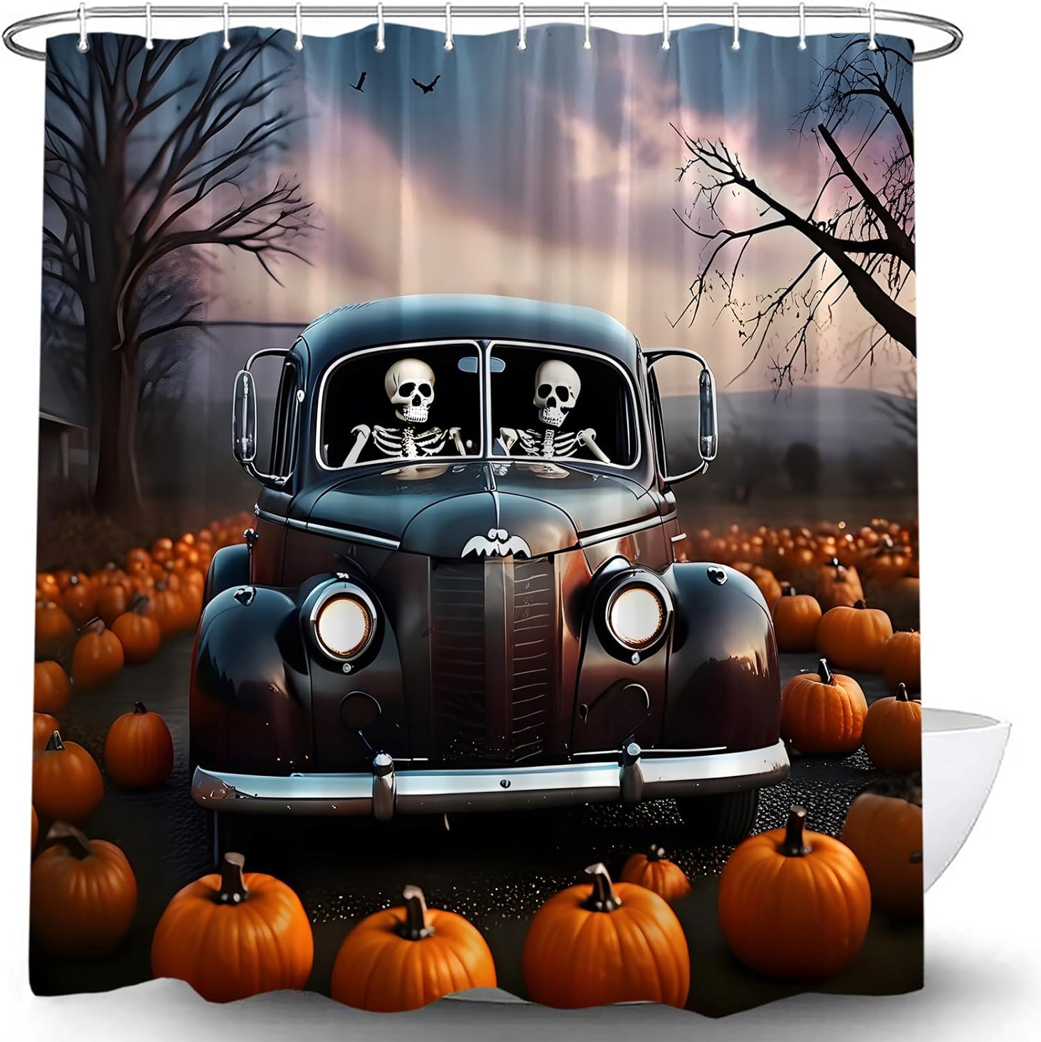 Halloween Skull Shower Curtain Cool Skeleton Retro Car Truck Orange Pumpkin Ghost Bat Dead Tree Night Moon Bathroom Decor Curtain Set with Hook