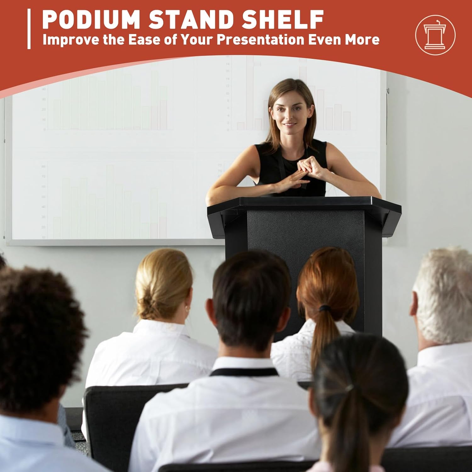49" Wood Podium Stand withLarge 2-Tier Shelve, Wooden Lectern with Reserved Wire Hole, Wooden Standing Pulpit with Reading Platfor for Church Office School Home Conference Restaurant Meeting