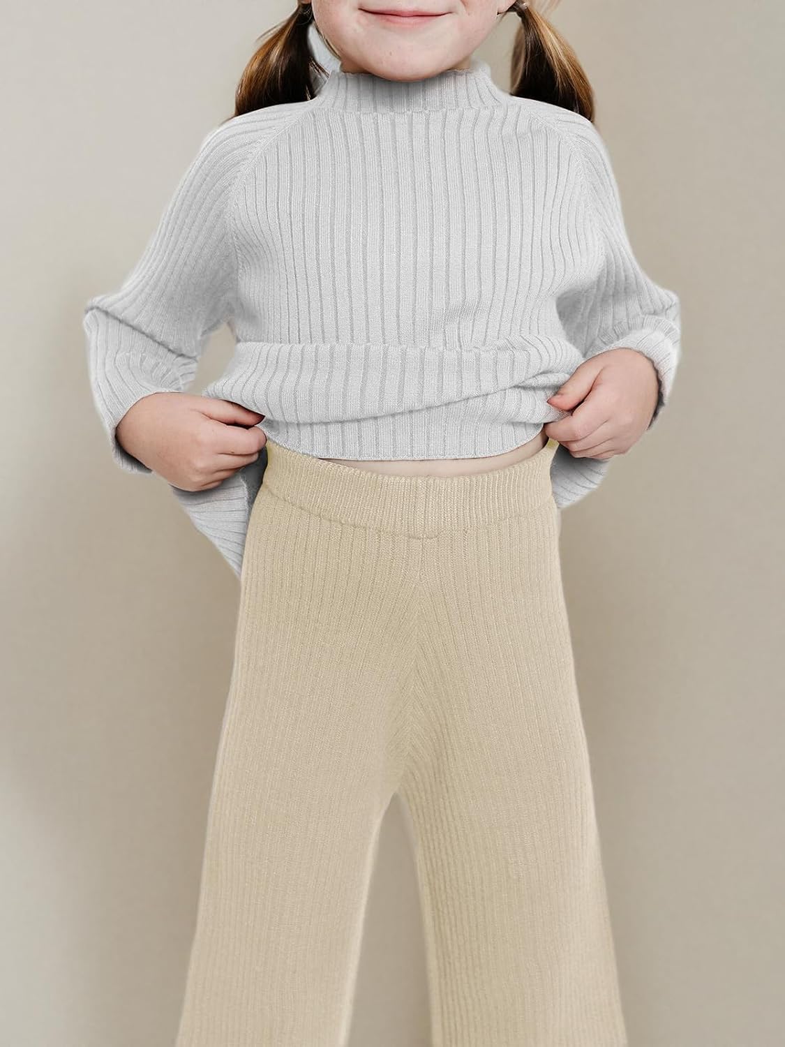 Haloumoning Girls Solid Rib Knit Wide Leg Pants Elastic Waist Flowy Casual Sweater Pants 5-14 Years
