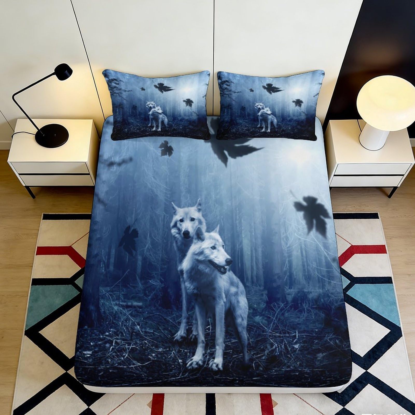 Jqzkxnhpbr Style-8 3D Printed Wolf Night Forest Fitted Sheet Microfiber Anti-Slip Bed Cover Bedroom Decor, Easy Care, Dustproof 90X200x25cm