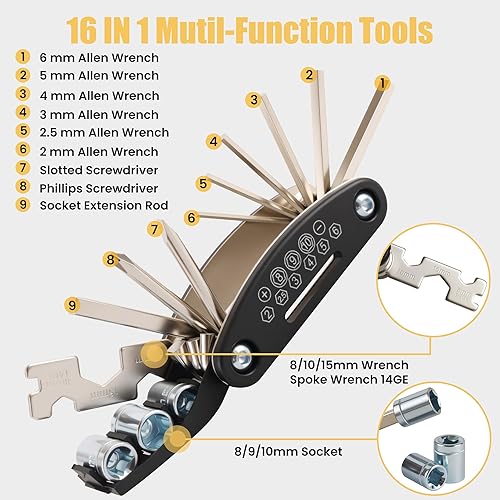 Miniatura 3 de Kit de herramientas de reparación de bicicletas de 33 piezas con mini bomba de bicicleta, multiherramienta 16 en 1, llaves Allen de 2 a 0.236 in,
