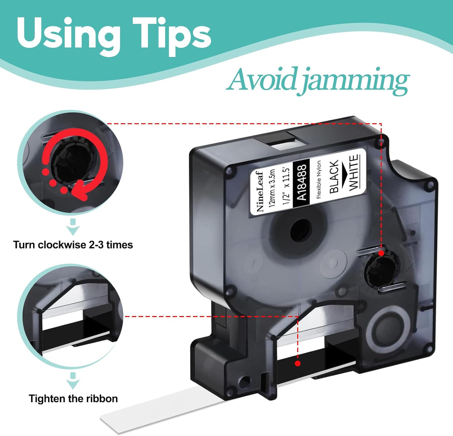 NineLeaf 10 Pack Black on White Flexible Nylon Compatible for Dymo Rhino 18488 12mm 1/2'' Label Tape Replacement with Industrial Rhino Pro 1000 3000 5200 4200 Label Makers