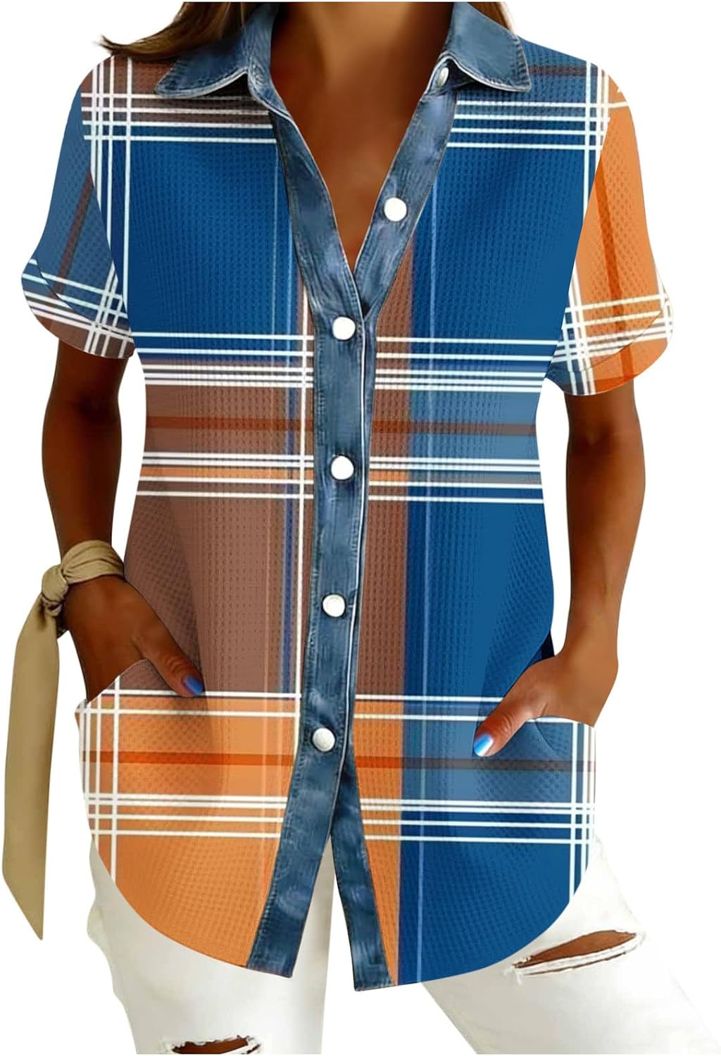 Womens Waffle Knit Short Sleeve Button Down Shirt Collared V Neck Patchwork Tops Casual Boho Floral Print Blouses