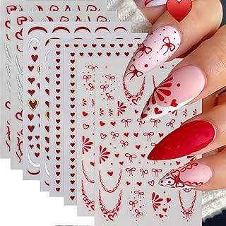 8 Sheets Valentines Nail Stickers Red Hollow Hearts Nail Decals 3D Self Adhesive Red Gold Heart French Line Nail Supplies Bow French Peach Heart Shaped Nail Art Sticker for Women Valentine Nail Decor