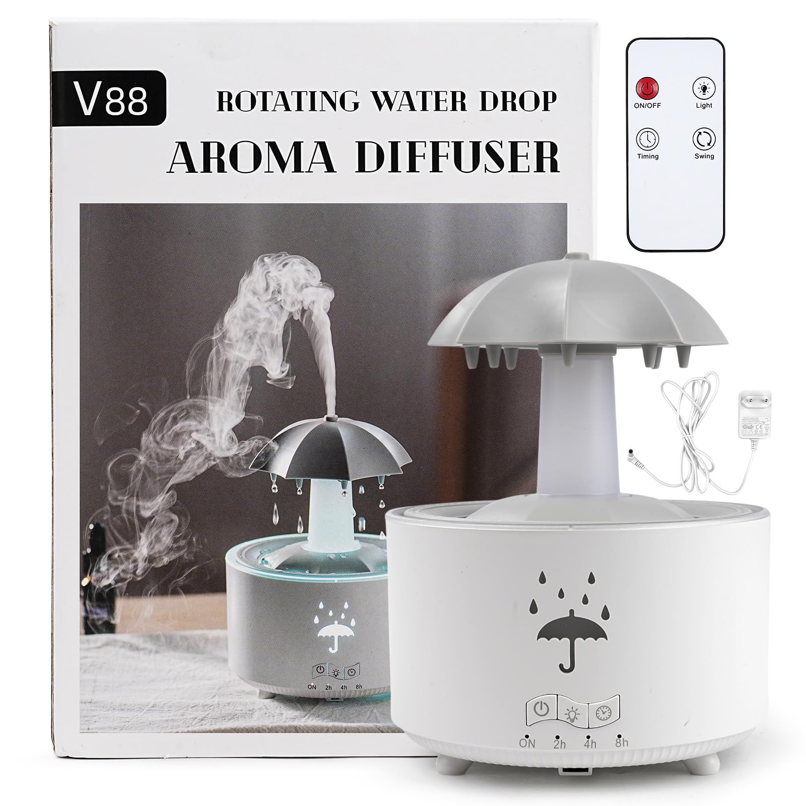 Umidificatore per camera da letto, Umidificatore a forma di goccia con luce colorata per oli essenziali, bianco