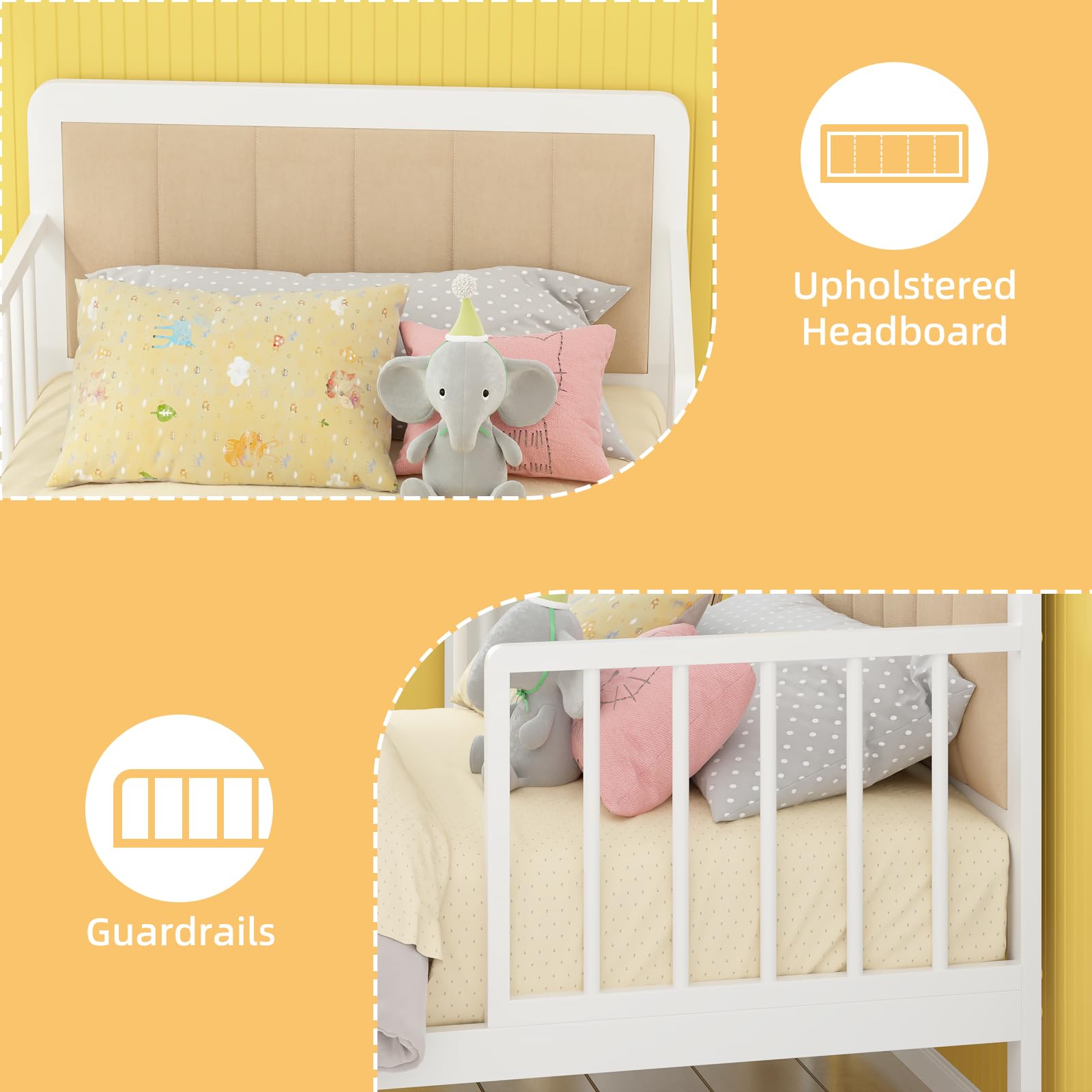 Timy Cama para niños pequeños con cabecera tapizada, Marco de Cama de Metal para Cuna con barandillas de Seguridad para niños y niñas, Color Blanco