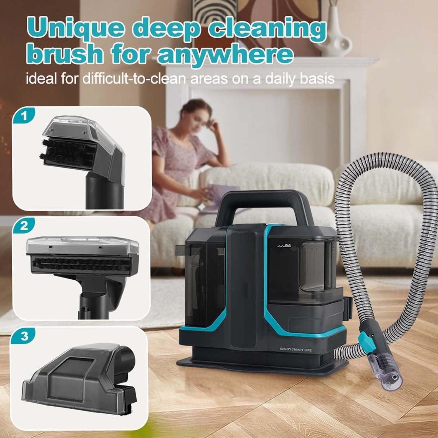 Máquina limpiadora de alfombras de mano de 450 W, limpiador portátil de alfombras y tapicería con doble tanque de agua, quitamanchas con 2 cepillos for alfombras, tapetes, escaleras y automóviles
