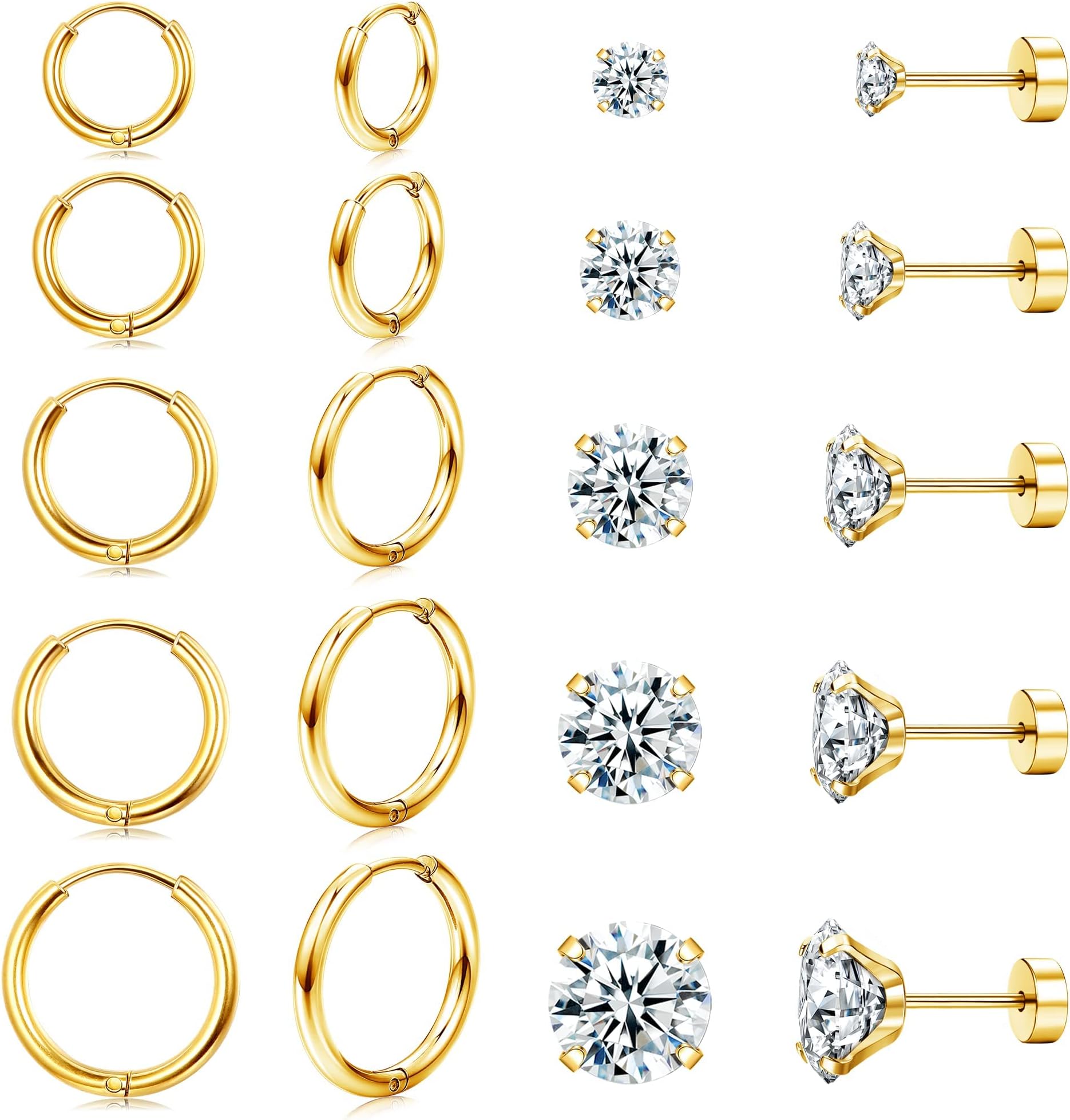 Diamday10 Pairs Stud Earrings Sets for Multiple Piercing Surgical Steel Small Huggie Hoop Earrings 20G Flat Back Tiny CZ Stud Earrings for Cartilage Lobe Helix Hypoallergenic Sliver Gold