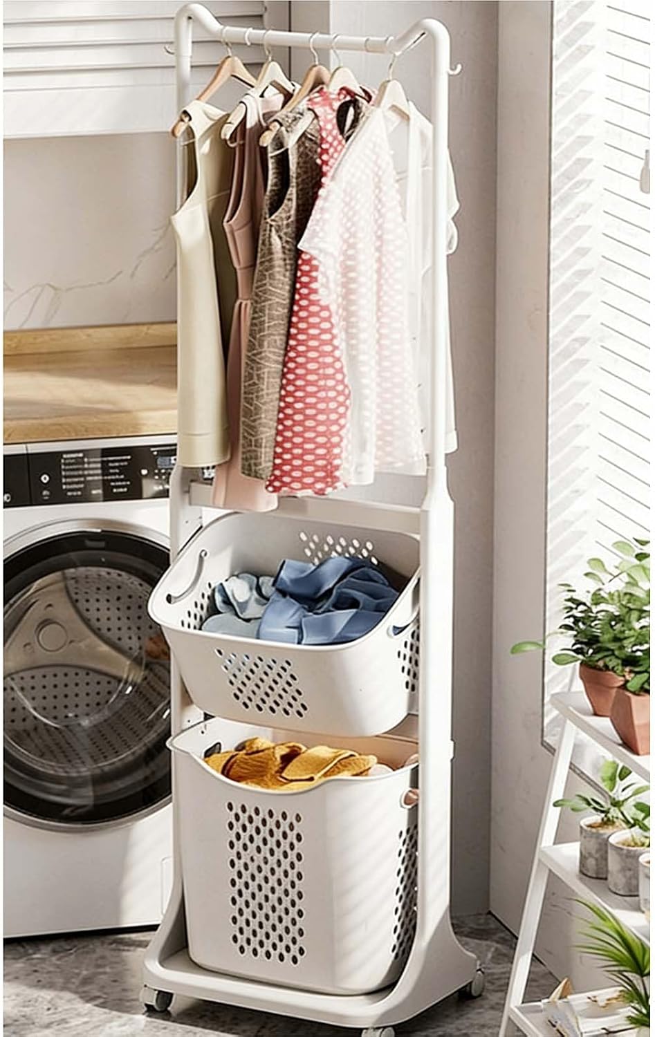 2-Tier Rolling Tiered Laundry Basket Organizer, Vertical Laundry Sorter with 4 Wheels and Hanging Bar, For Kitchens, Bathrooms, Bedrooms, Dormitories, Classrooms, Laundry Rooms,003