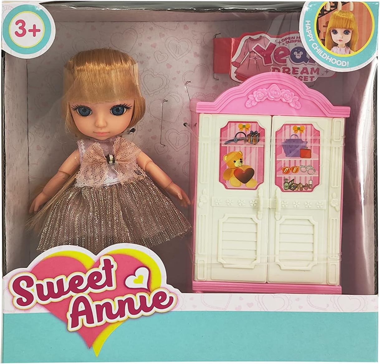 Sweet Annie Fashion Doll Dream Closet Playset, 6 Inches Blonde Posable Doll with Beautiful Dress, Pink Wardrobe & Accessories, Toy for Girls Age 3+