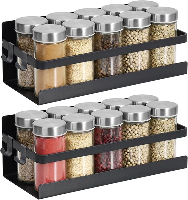 2 Pack Magnetic Spice Rack, Side Wall Fridge Storage Shelf with Towel Hooks, Space Saver Organiser for Home and Kitchen, Metal Refrigerator Rack for Holding Spices, Jars, Bottle, Utensils, Beverage