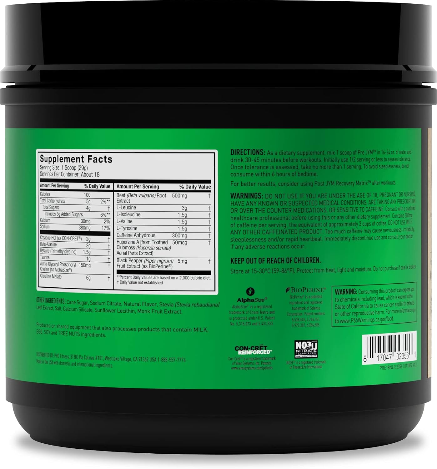 Pre JYM Naturally Flavored Raspberry Lemonade Workout Powder - BCAAs, Nootropics, Creatine HCI, Beta-Alanine, Betaine, Taurine, Huperzine - JYM Supplement Science - 18 Servings