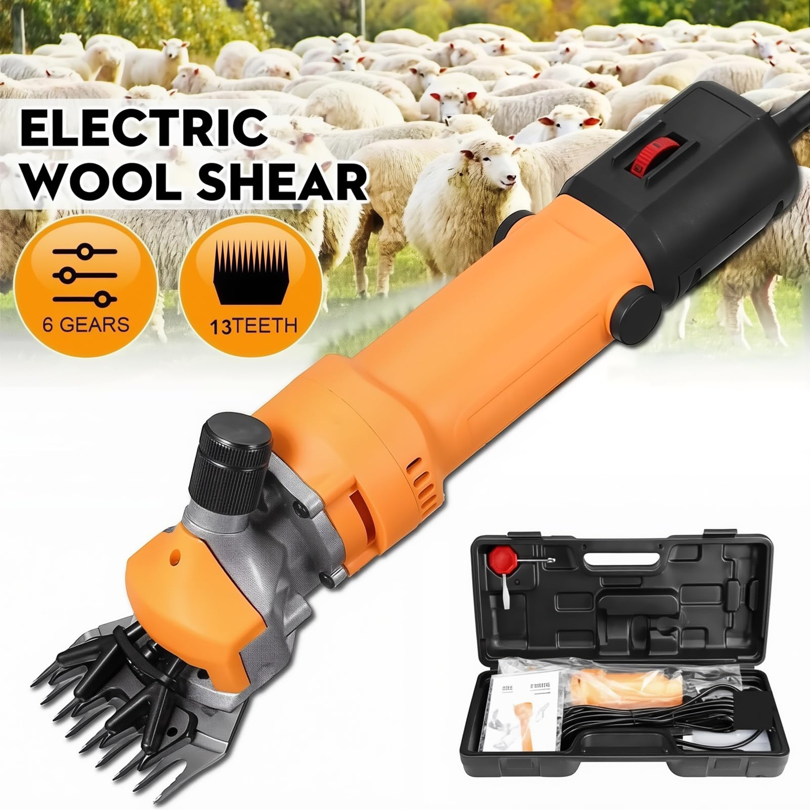 Esquiladora Eléctrica para Ovejas 850W, Cortadora con Ajuste de 6 Velocidades & Cuchilla Profesional de 13 Dientes, Cuchilla de Acero Inoxidable Tijeras Eléctricas para Lana para Cabras Black 9-Teeth