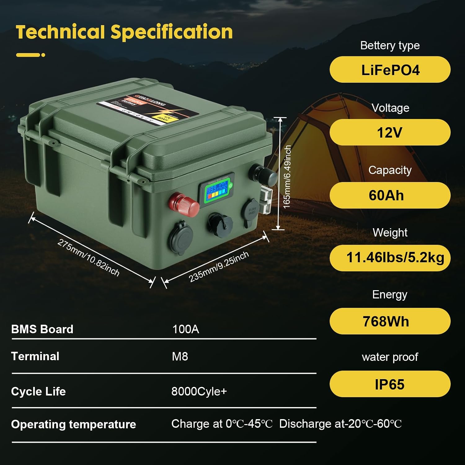 Technical specification chart for the GuaiGLong LiFePO4 battery, detailing battery type, voltage, capacity, weight, energy, BMS, terminal, cycle life, operating temperature, and IP65 waterproof rating.
