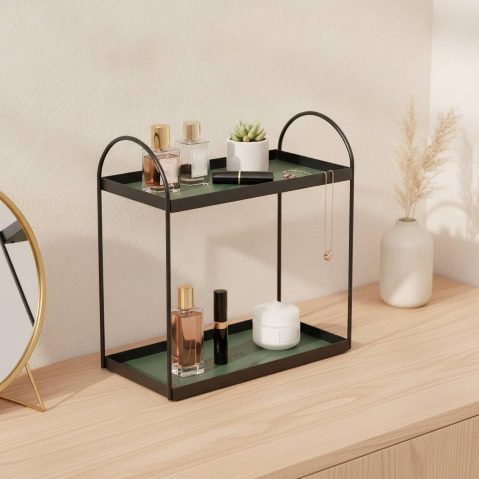 F Fityle Repisa Organizadora Maquillaje y Perfumes con Estructura Resistente Hierro para Vanitorio y Cómoda, Verde, Grande