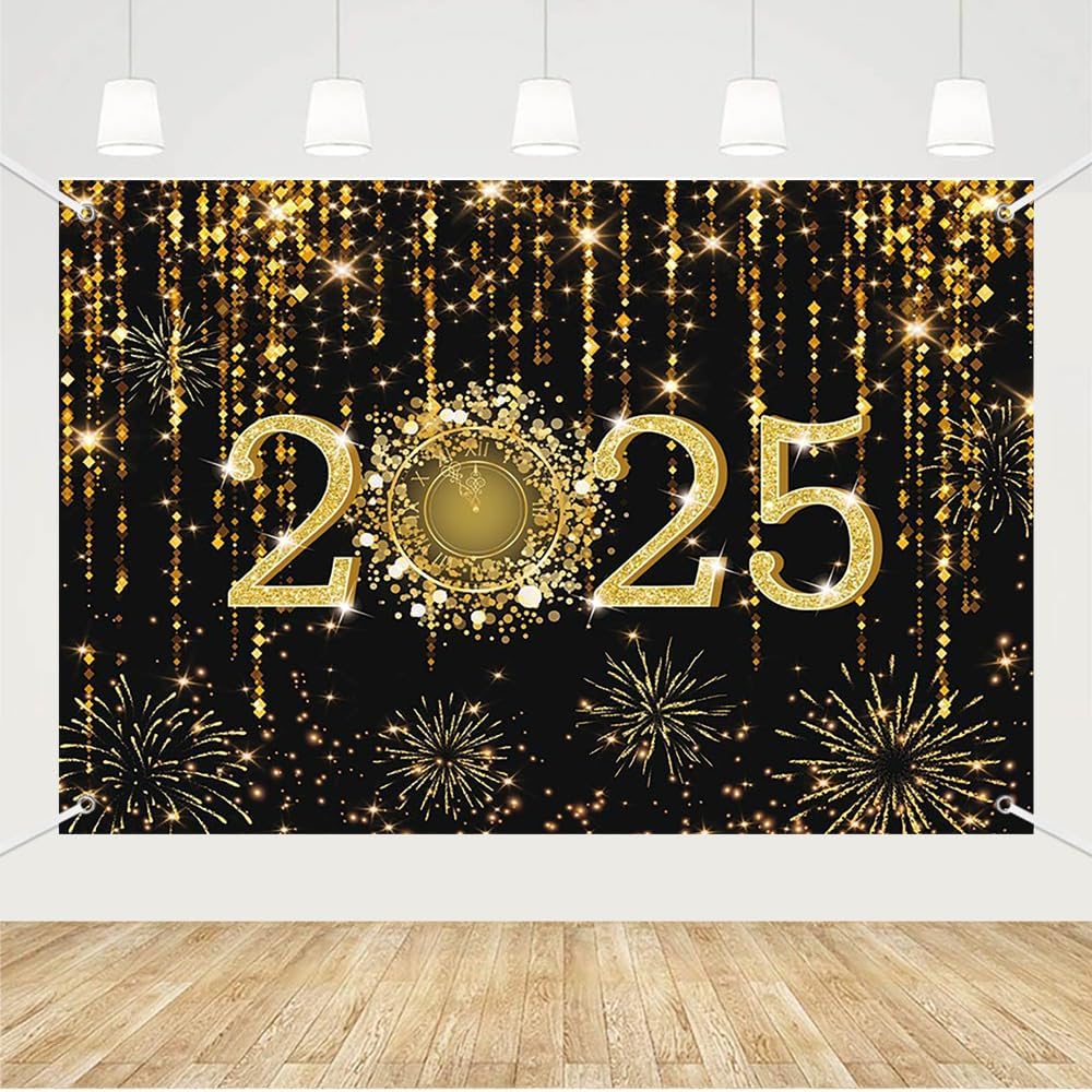MEHOFOND 7×5 ft Black and Gold 2025 New Year Backdrop Cheers to 2025 Photography Background Hello 2025 Dripping Glitter Dots Fireworks Clock Decor Time to 2025 New Year Eve Cake Smash Photo Props