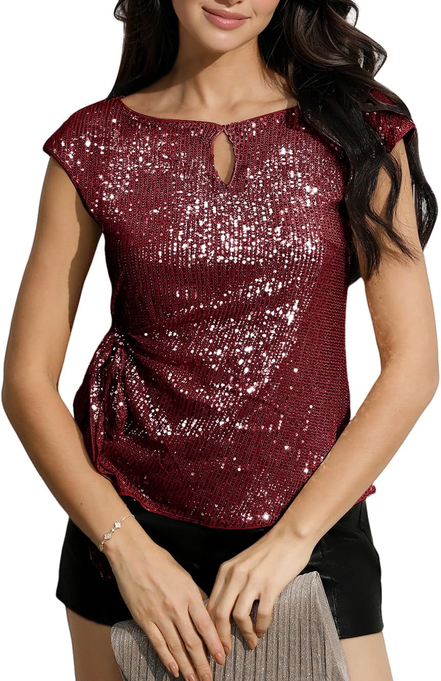 YHHOWEP Women's Sequin Tops Glitter Sequence Shirt Cap Sleeve Dressy Blouses Club Party Top Disco Concert Outfits