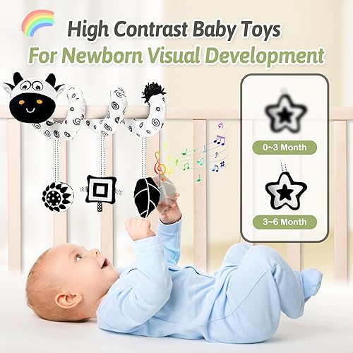 Miniatura 3 de Juguetes de asiento de automóvil para bebés de 0 a 6 meses, juguetes de alto contraste en blanco y negro para recién nacidos de 0 a 3 meses, juguete