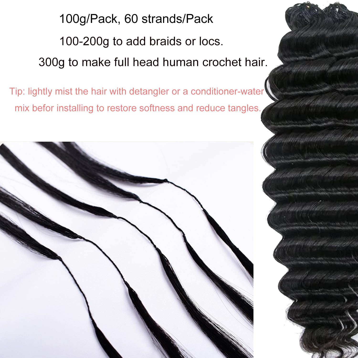 Miracle Deep Wave Knots Crochet Human Hair Bundles for Black Women Human Hair Crochet Wet and Wavy Invisible Knotless Curly Schwarz Echthaar Haarverlängerungen Natürliches Schwarz 18 Inch 100g