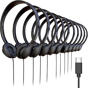 1000 Pack Bulk Wired Headphones, Leather, USB-C, On-Ear, Compatible with Phone, Tablet, Laptop, PC for School, Online Class, Meeting, Web Conference, Practice, Test, Black