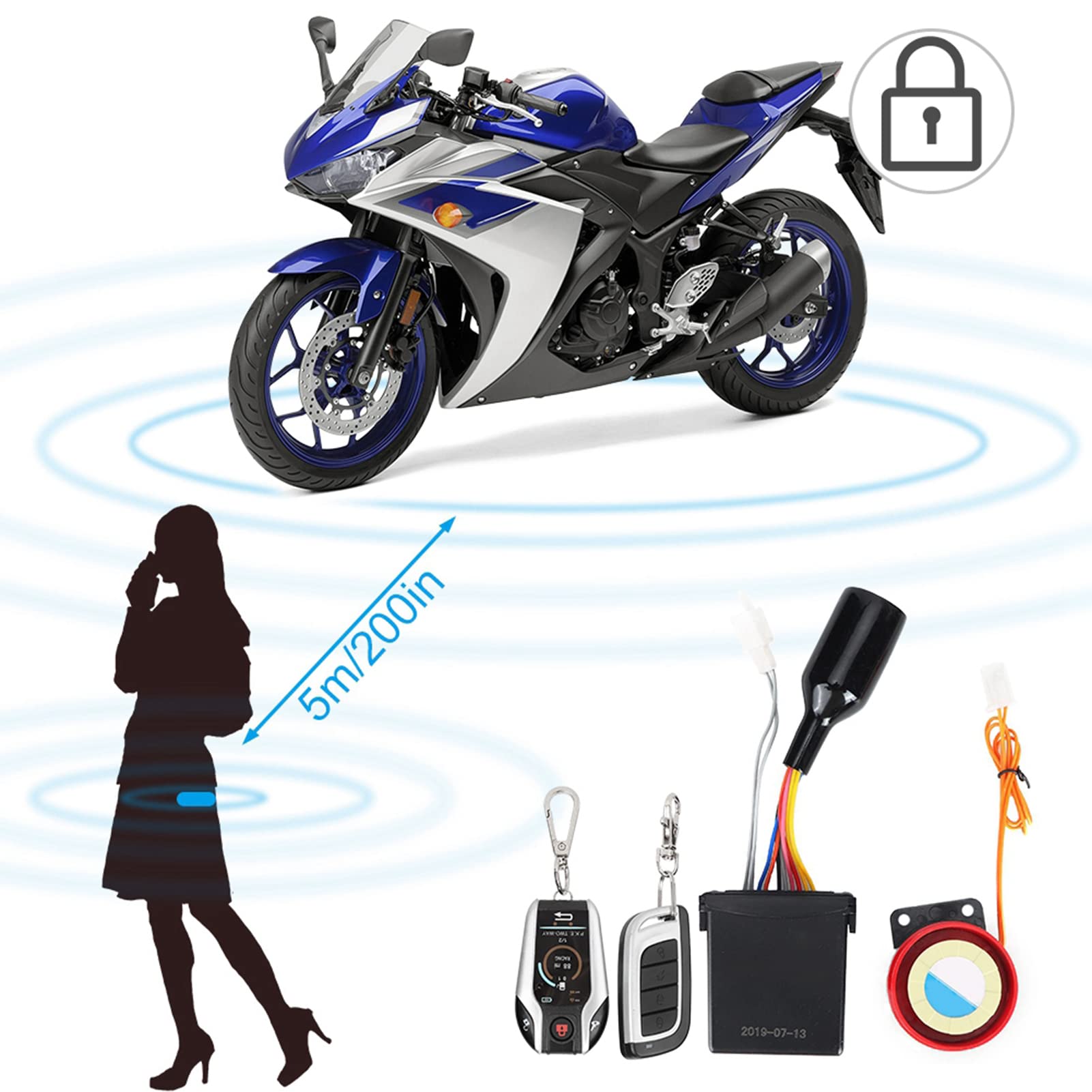 Tbest di Allarme Moto 105-125dB Impermeabile Sicurezza Avviamento Remoto Antifurto con Raggio 300m per Motociclette 12V