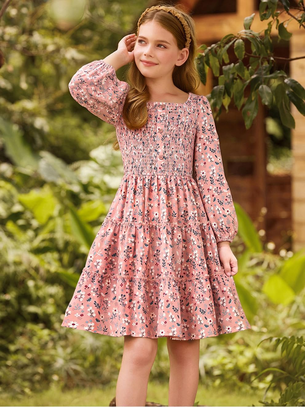 GRACE KARIN Girls Fall Long Sleeve Floral Square Neck Smock Tiered Casual Holiday Teen Dress Size 5-14 - Image 2