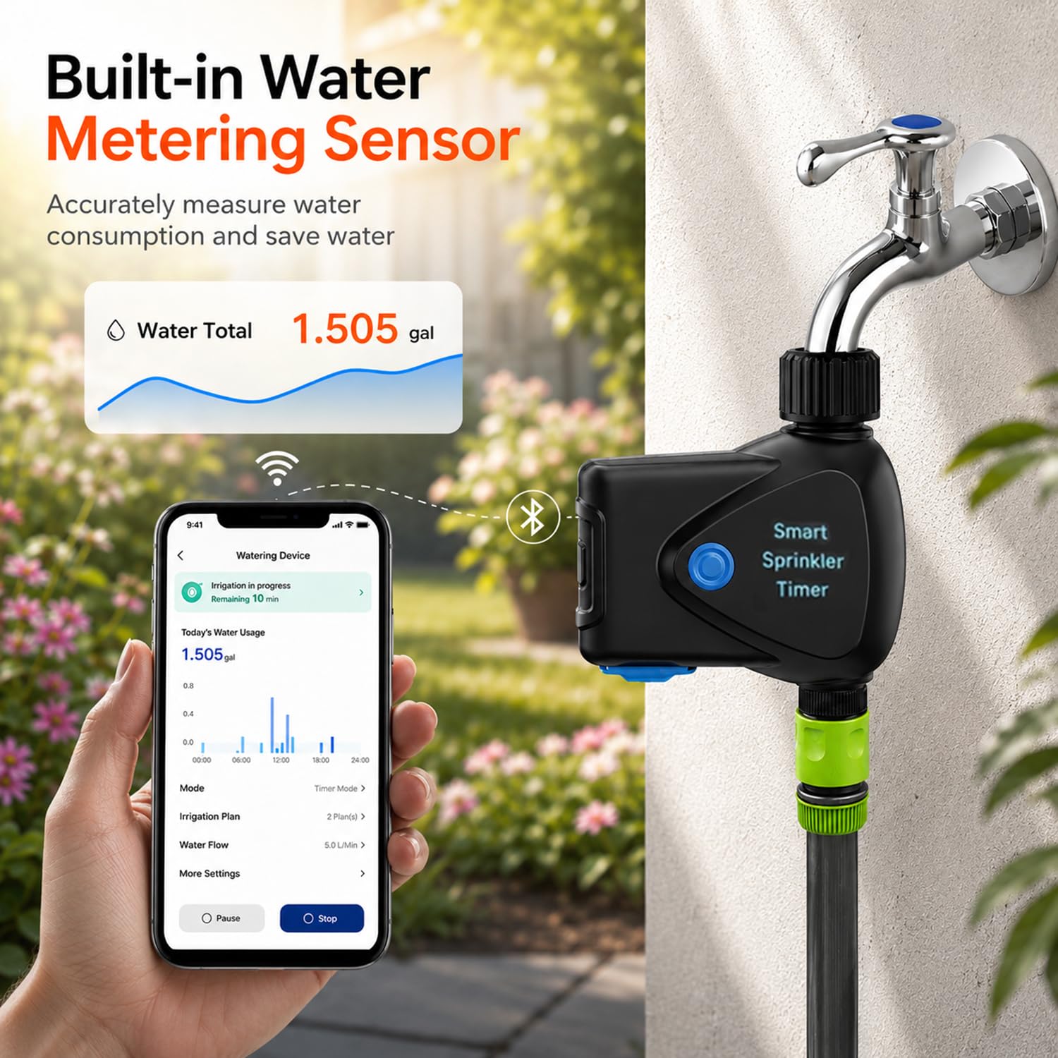 WLAN Bewässerungscomputer: Smart Bewässerungstimer mit Wasserverbrauchsmessung, App-Fernsteuerung, Regenverzögerung, Automatischer Gartenhahn-Timer für Balkon, Garten, Rasen