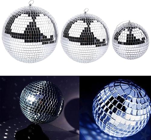 Miniatura 6 de Boshen Bola de espejo de discoteca de 8 pulgadas con anillo para colgar, luz de bola de discoteca plateada para fiesta, Navidad, DJ, escenario,