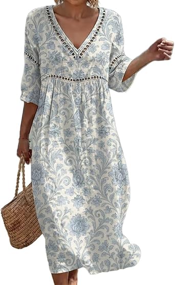 Summer Dresses for Women UK Bohemian 3/4 Sleeve Print Dresses Casual Loose Fit Boho Dress Breathable Comfortable Friendly Elegant Style Holiday Beach Travel Everyday Wear