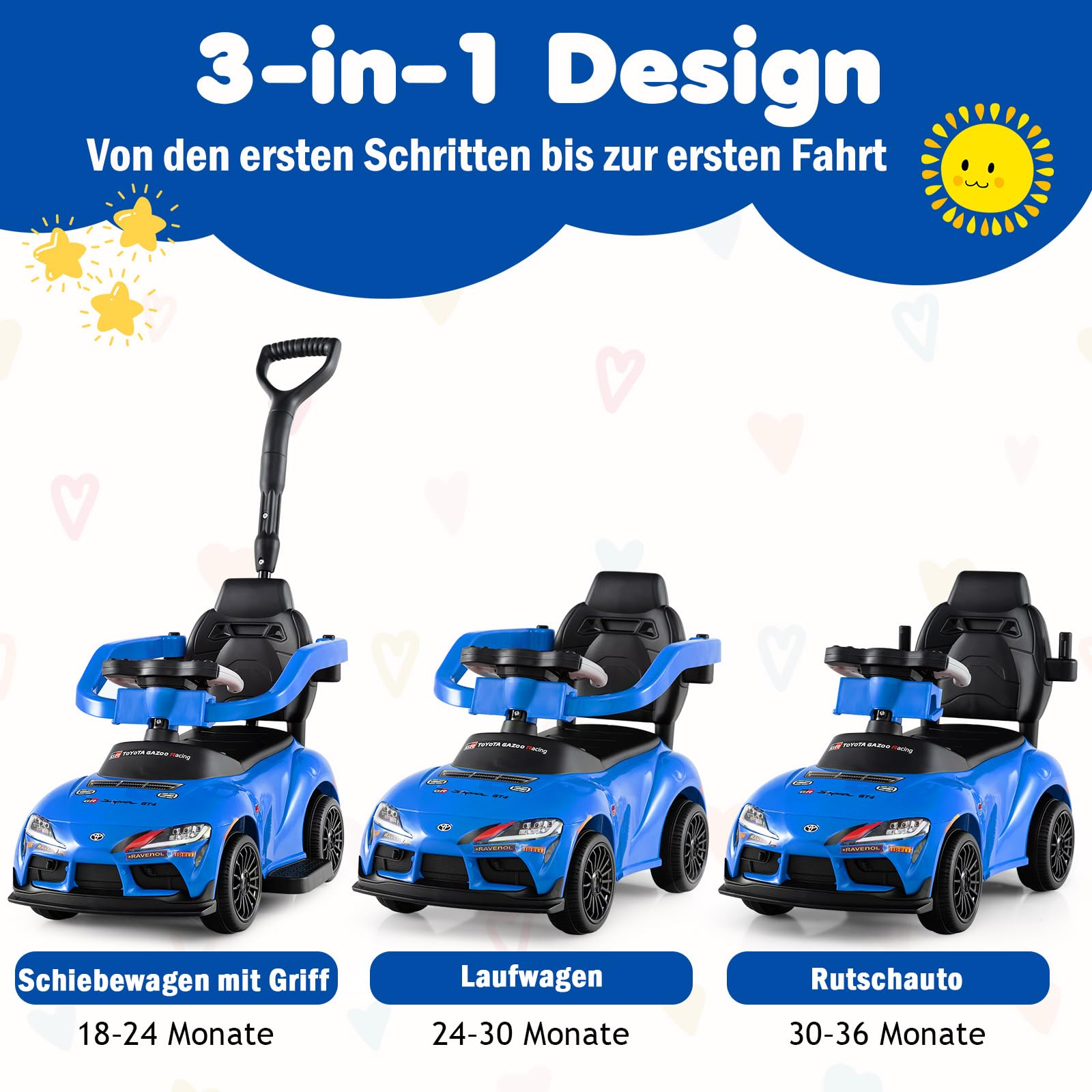 GOPLUS Samochód przesuwny 3 w 1, Toyota z ukrytym schowkiem i muzyką, pojazd ślizgowy z drążkiem przesuwnym, pojazd dziecięcy do użytku wewnątrz i na zewnątrz, dla dzieci w wieku 18-60 miesięcy